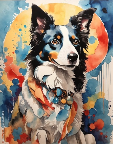 Watercolor painting of a Border Collie dog with a blue, yellow and red abstract background