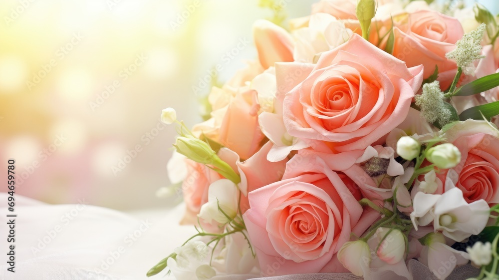 A delicate bridal bouquet with pink roses and white blooms A delicate bridal bouquet with pink roses and white blooms