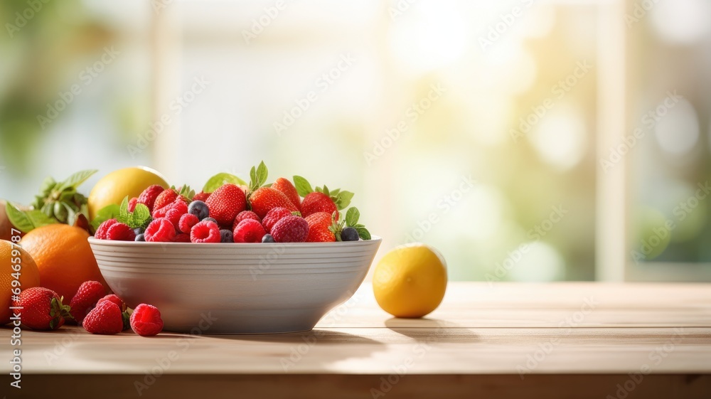 A bowl filled with assorted fresh fruits on a wooden table, bathed in sunlight A bowl filled with assorted fresh fruits on a wooden table, bathed in sunlight