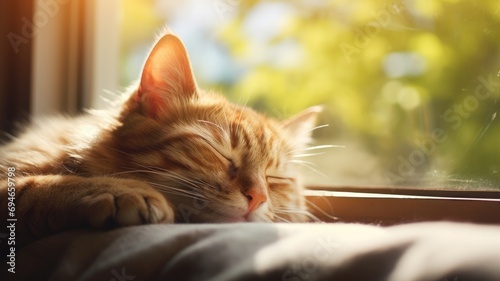 A serene ginger cat sleeps in warm sunlight by a window