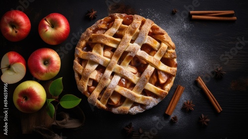 Freshly baked apple pie with ingredients on dark background. Gourmet and autumn cuisine.