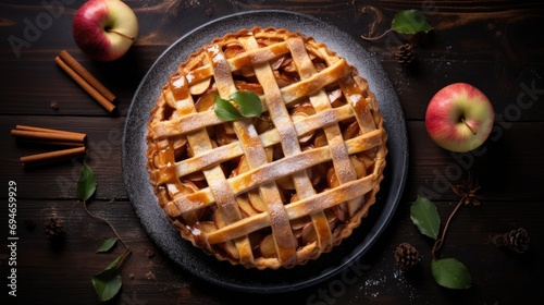 Freshly baked apple pie on wooden table with ingredients. Homemade dessert.