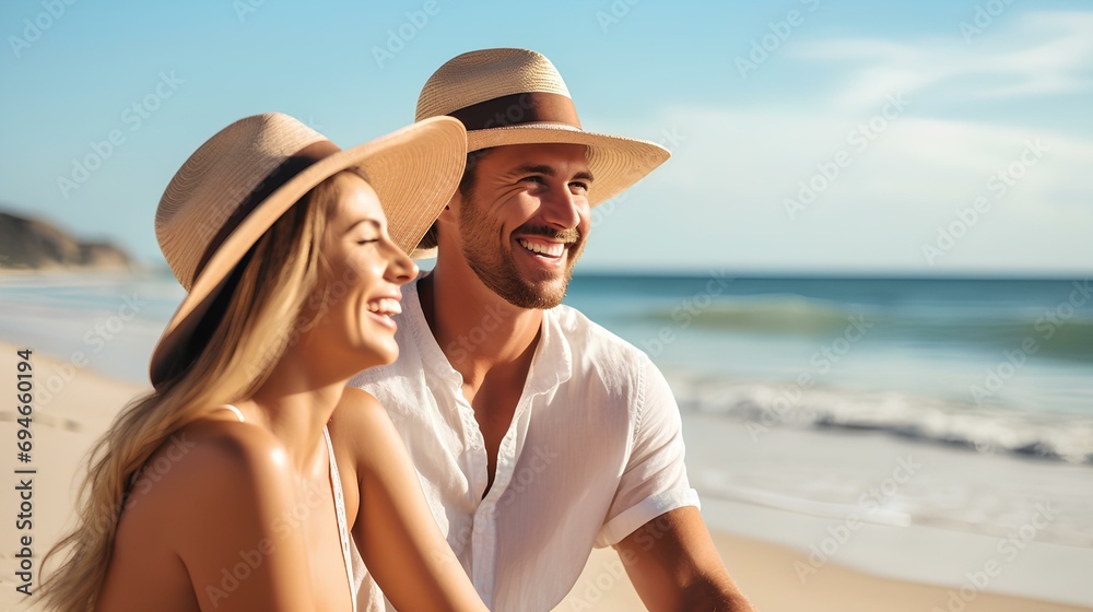 a couple happily watching the waves on the beach at a tropical resort beach. generative AI - obrazy, fototapety, plakaty 
