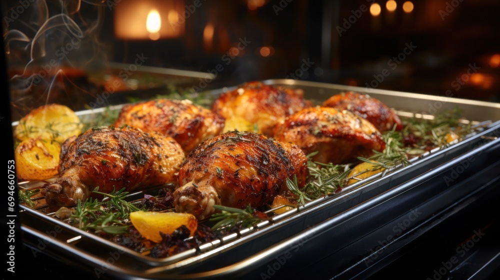Herb-crusted chicken sizzles under intense heat to golden brown perfection.