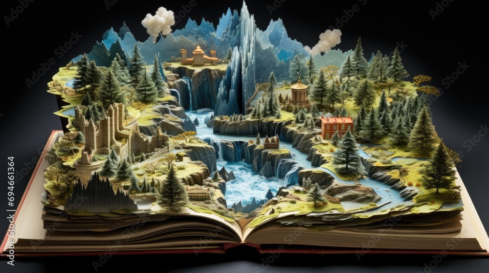 intricately designed pop-up book that opens to reveal a stunning three-dimensional landscape