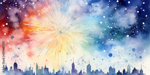 Colorful fireworks over silhouette city skyline watercolor painting, minimalist holiday celebration background watercolor painting