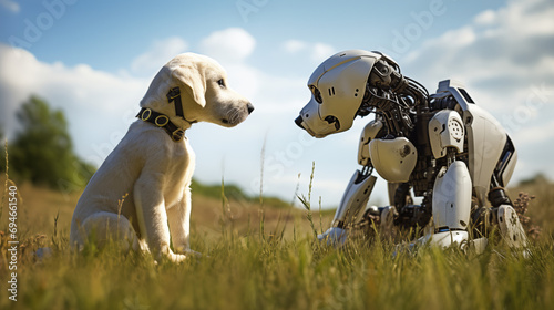 Conceptual photo of a real dog and a robotic dog sitting on the grass, facing each other against a bright blue sky. A futuristic scene blending technology and nature, evoking curiosity and contrast.