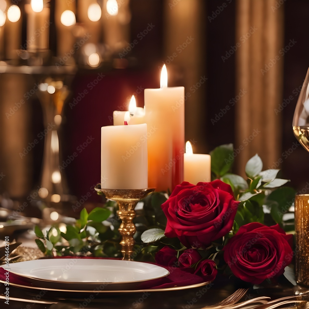valentine day Romantic dinner setting with candles and red roses on table in restaurant. valentine day Romantic dinner setting with candles and red roses on table in restaurant.
