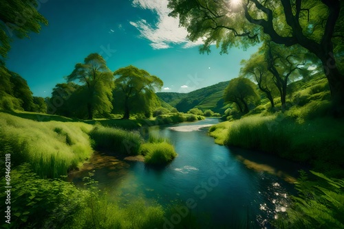 A pristine countryside river meandering through lush green landscapes, glistening under the clear blue sky.