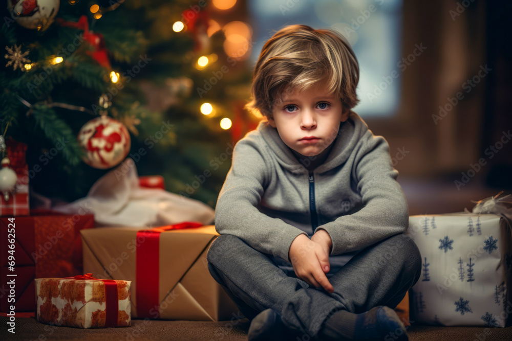Sadly depressed little child waiting for Santa Claus at domestic home Christmas party in front of the decorated Christmas tree background. Sadly depressed little child waiting for Santa Claus at domestic home Christmas party in front of the decorated Christmas tree background.