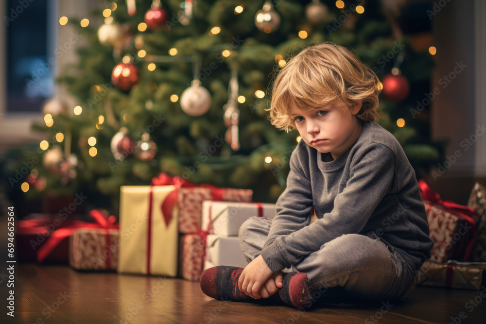 Sadly depressed little child waiting for Santa Claus at domestic home Christmas party in front of the decorated Christmas tree background.