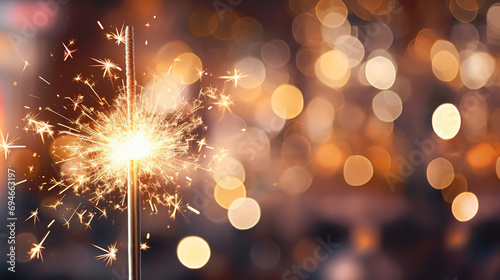 A Sylvester New Year or New Year's Eve 2024 party event celebration holiday greeting card featuring a close-up of sparkling sparklers against a background of bokeh lights, encapsulating the festive sp
