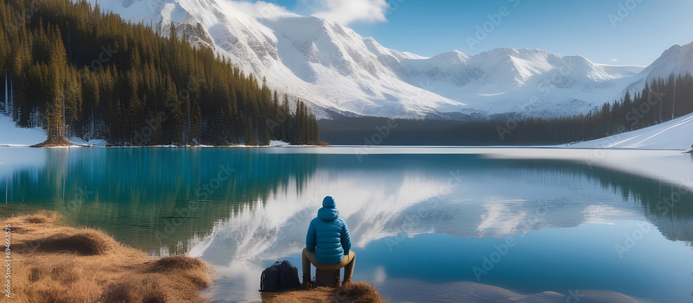 backpacker person traveller in jacket travel nature background concept. with snow mountain reflecting water clam lake.
