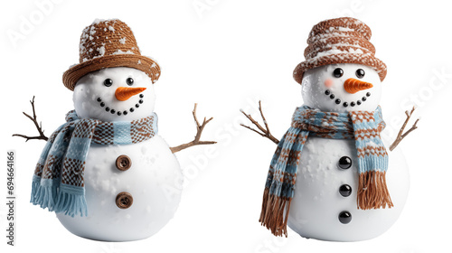 Set of snowman wearing scarf and hat on transparent background, Generative AI
