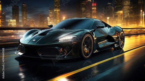 Fast sports car supercar driving fast on the road at night