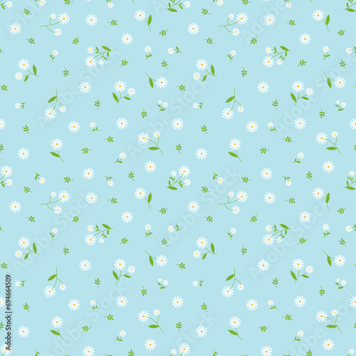 Cute daisy flower seamless pattern vector. Beautiful minimal floral pattern. White flower, green leaf and yellow pollen. Design for fabric, textile, dress, skirt, shirt, scarf, kid cloth, card, cover.