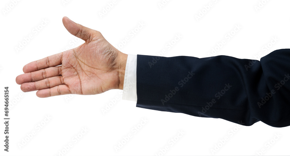 Businessman's hand reaching out to greet to shake hands, make acquaintances or make a business deal isolate on white with clipping path. Businessman's hand reaching out to greet to shake hands, make acquaintances or make a business deal isolate on white with clipping path.