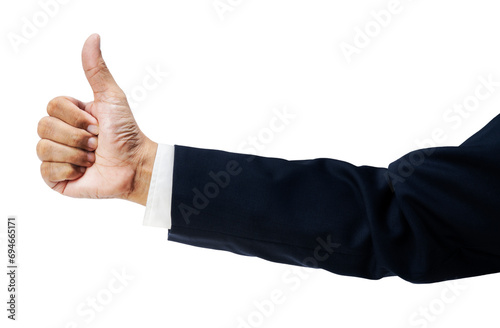 Businessman's hand showing thumbs up showing appreciation Compliment on success Thumbs up isolate on white with clipping path.
