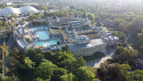Széchenyi geothermal baths in Budapest, Hungary. Europe wellness tourism. Aerial photo