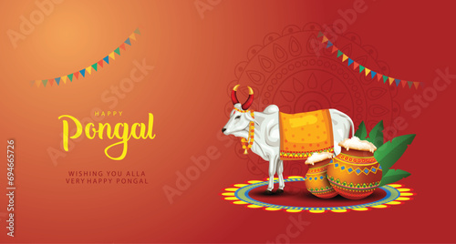 South Indian harvesting festival, Happy Pongal celebrations greetings with Pongal elements, banana leaf with pongal food. vector illustration design photo