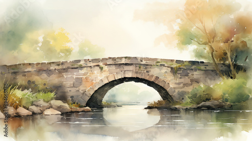 watercolor painting of an old stone bridge over the river photo