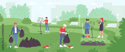 Young volunteers plant trees in city park, collecting garbage into trash bag, improve the environment together vector