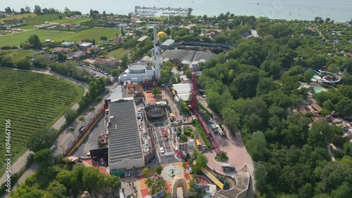 Aerial establishing overview of Movieland amusement park by Lake Garda Italy photo