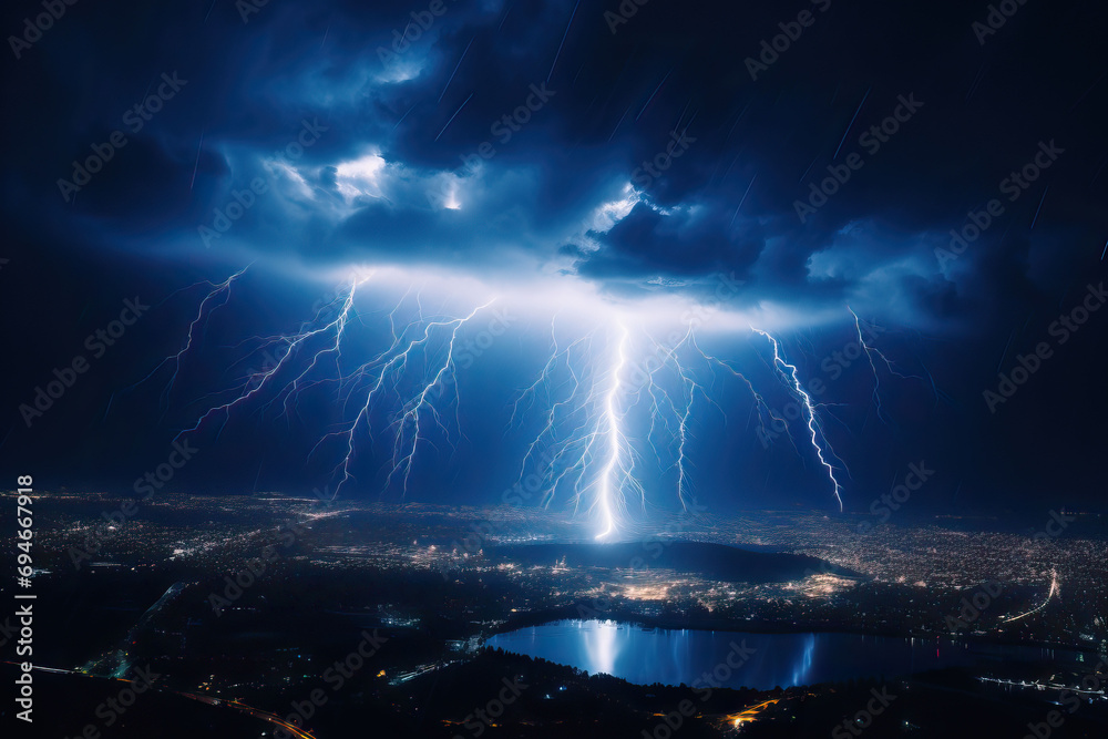 Lightning strike over dark stormy sky, nature abstract background.