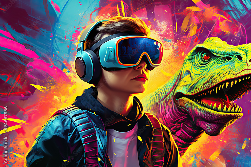 A boy is wearing virtual reality glasses on a background of dinosaurs. A boy is wearing virtual reality glasses on a background of dinosaurs.