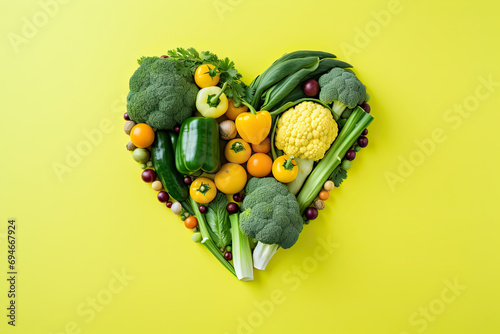 Heart-shaped fresh vegetables on a yellow background. Healthy food concept.