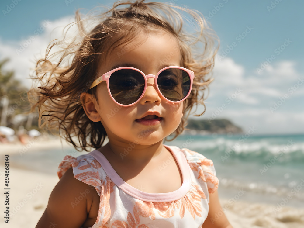 A funny baby wearing sunglasses at the beach