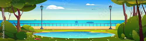 Cartoon sea or river landscape with ships on water, city park with little lake and pathway, lanterns and handrail on embankment street. Vector scenery of waterfront with green grass and trees.