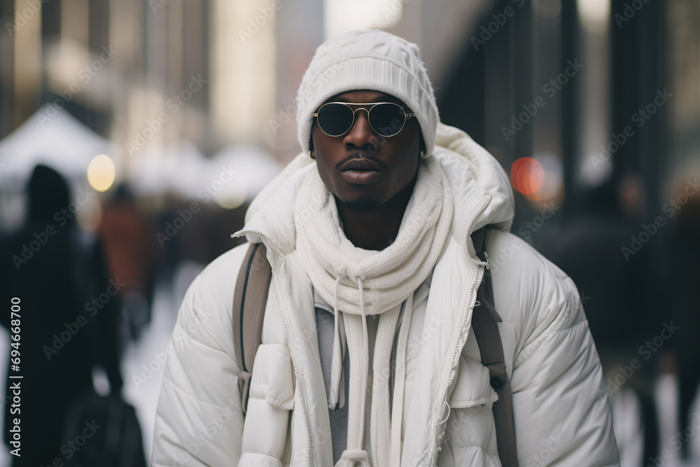 Men's seasonal clothing fashion. Portrait of a stylish cool African American adult man wearing an oversized jacket, glasses and a hat on a city street on a winter day Men's seasonal clothing fashion. Portrait of a stylish cool African American adult man wearing an oversized jacket, glasses and a hat on a city street on a winter day