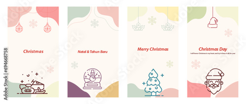 Merry Christmas Greeting Card Social Media Story Post Template Set. Holidays Pastel backgrounds for social media stories post. Vector Illustration