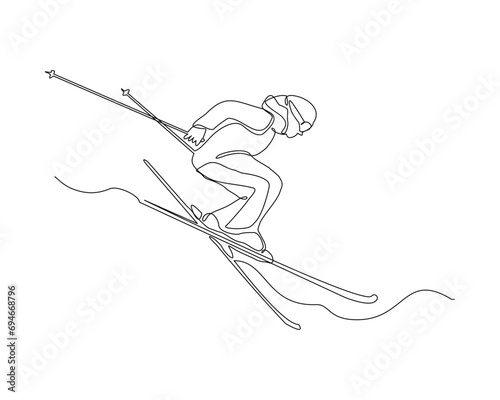 Continuous single line sketch drawing of man skier snow ski down and jump the snowy mountain fast speed. One line art of extreme sport snow ski vector illustration