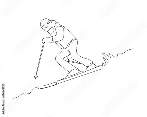 Continuous single line sketch drawing of man skier snow ski down and jump the snowy mountain fast speed. One line art of extreme sport snow ski vector illustration