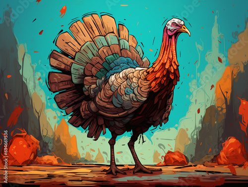 A Character Cartoon of a Turkey on an Abstract Background with Thick Textures and Bold Colors photo