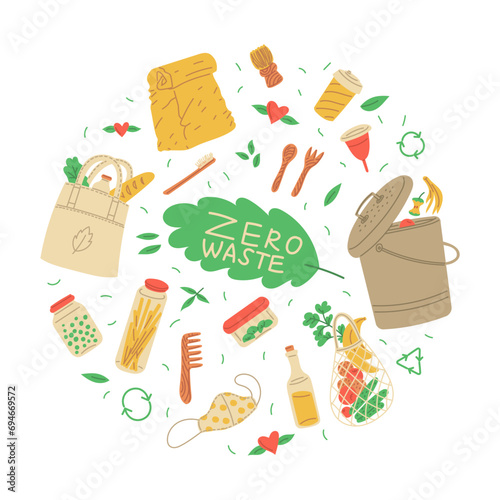 Zero waste lifestyle round composition flat style, vector illustration