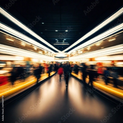 Abstract blurred photo of many people shopping inside department store or modern shopping mall. Urban lifestyle and shopping concept 