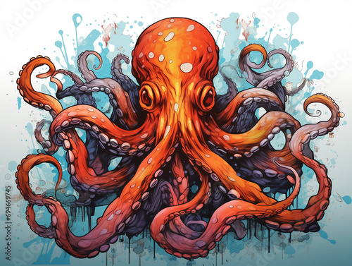 A Character Cartoon of an Octopus on an Abstract Background with Thick Textures and Bold Colors