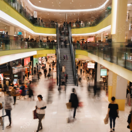 Abstract blurred photo of many people shopping inside department store or modern shopping mall. Urban lifestyle and shopping concept 