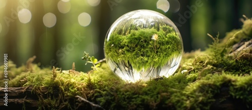 crystal ball resting on moss with forest background. #694669981