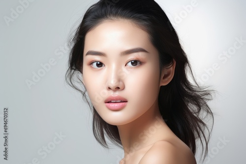 Picture of an attractive Asian woman with an expressive face, capturing attention on a white background. Generative AI