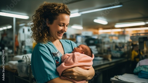 A midwife holds a baby in her arms. International Day of the Midwife. A young midwife nurse hugs a newborn baby against the backdrop of the ward. Generative AI photo