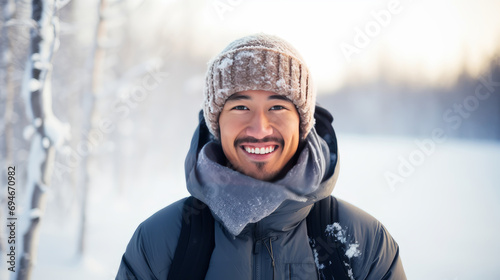 Portrait of a young handsome smiling Asian man in a jacket against the backdrop of a winter snowy landscape.