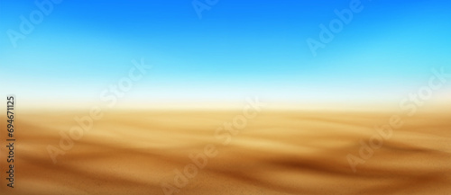 Blurred summer beach background. Vector realistic illustration of sandy island coast with sparkling particles, blue sea or ocean water, sunny sky on horizon, desert backdrop, holiday resort ad banner