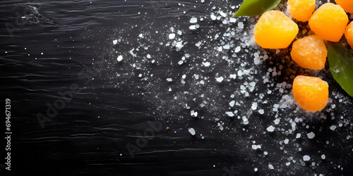 Fototapeta Naklejka Na Ścianę i Meble -  黒い背景に映える塩漬けの夏ミカン-Generative AI