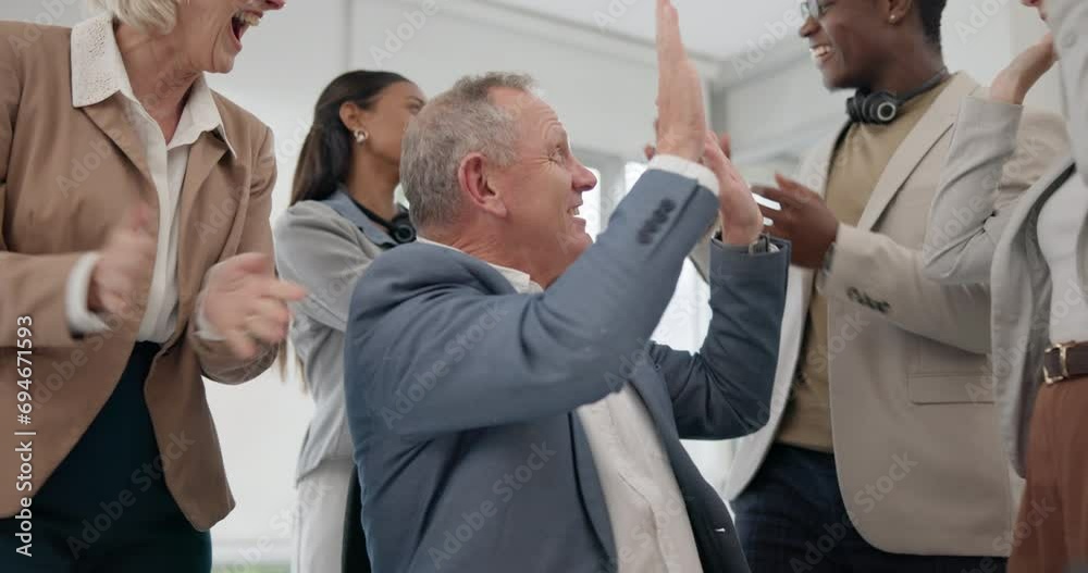 Success, high five or happy businessman with stock market goal, achievement or profit target online. Deal, winner clapping or excited senior trader winning a crypto bonus prize on website or laptop Success, high five or happy businessman with stock market goal, achievement or profit target online. Deal, winner clapping or excited senior trader winning a crypto bonus prize on website or laptop