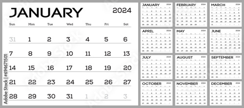 Wall calendar for 2024 in a minimalist, simple style. Black inscriptions. The week starts on Sunday. Business planner. Editable and print-ready template photo