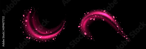Set of pink swirls with flower petals isolated on black background. Vector realistic illustration of neon light waves with sakura blossom, magic sparkling particles, perfume aroma trail, love in air